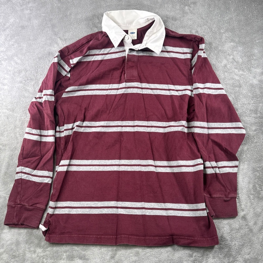 Old Navy Rugby Shirt Mens L Burgundy Striped Long Sleeve Cotton